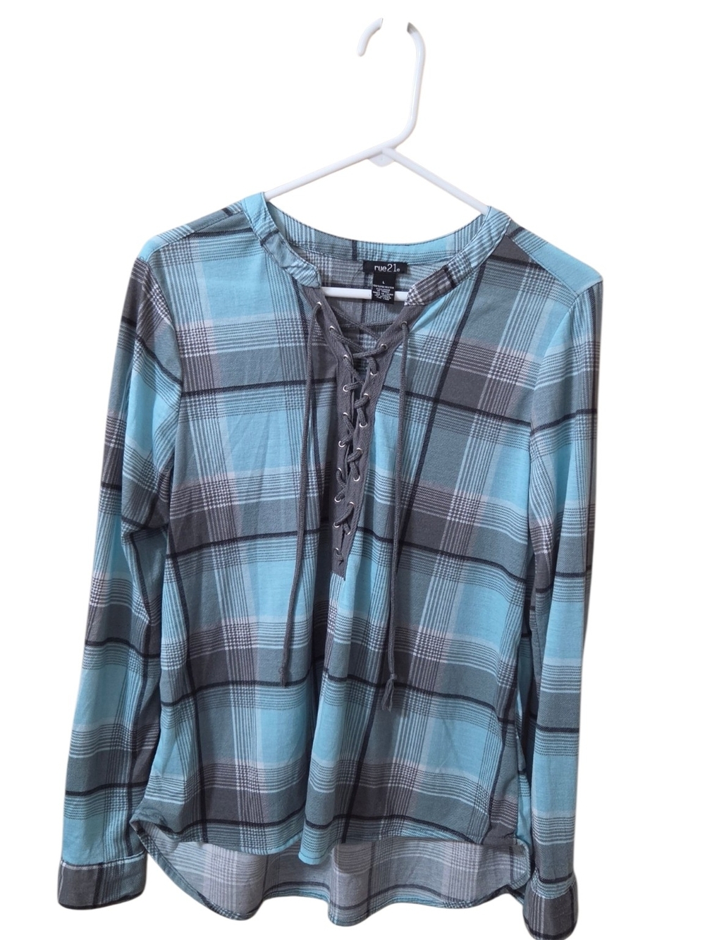 Rue21 Teal and Gray Plaid Lace-Up Long Sleeve Top